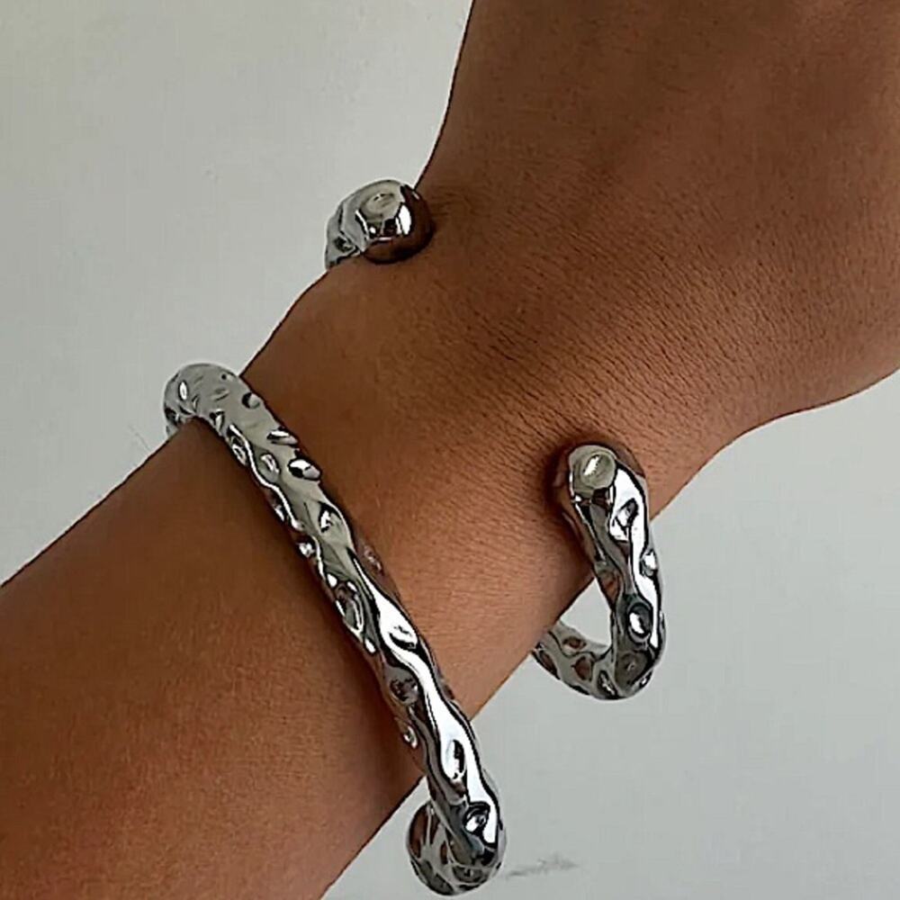 Stainless Steel Irregular Contour Bracelet Bangle Cuff Hammered - Picture 2 of 8